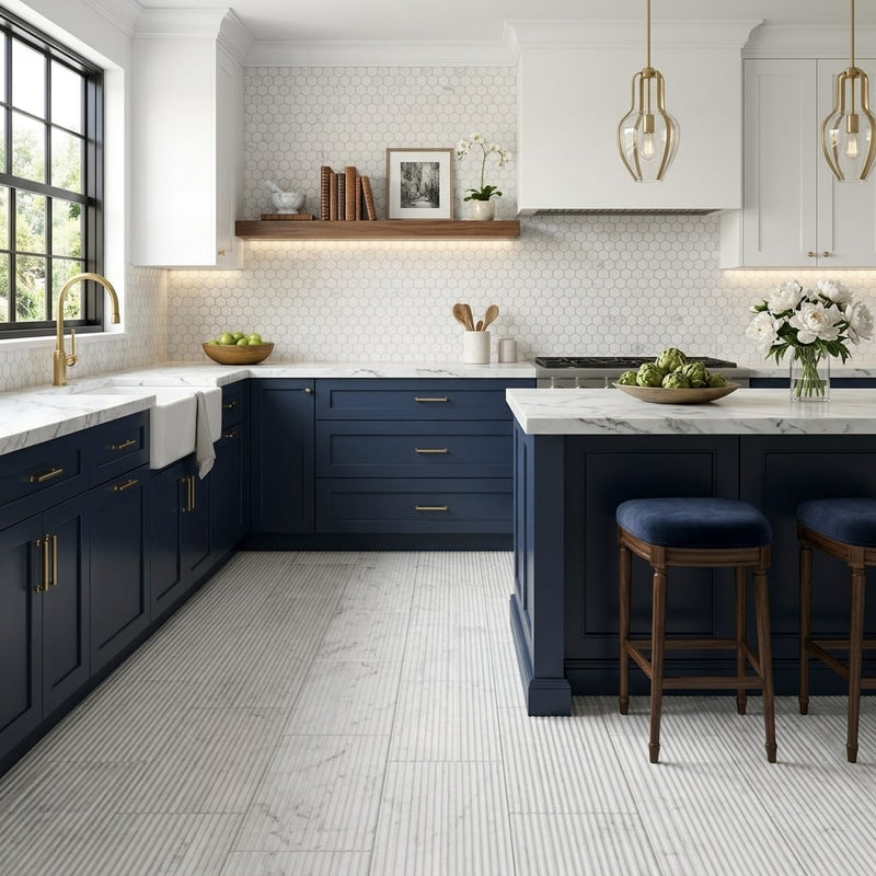 Carrara Bamboo White Marble Tile 12x24 — Kitchen floor