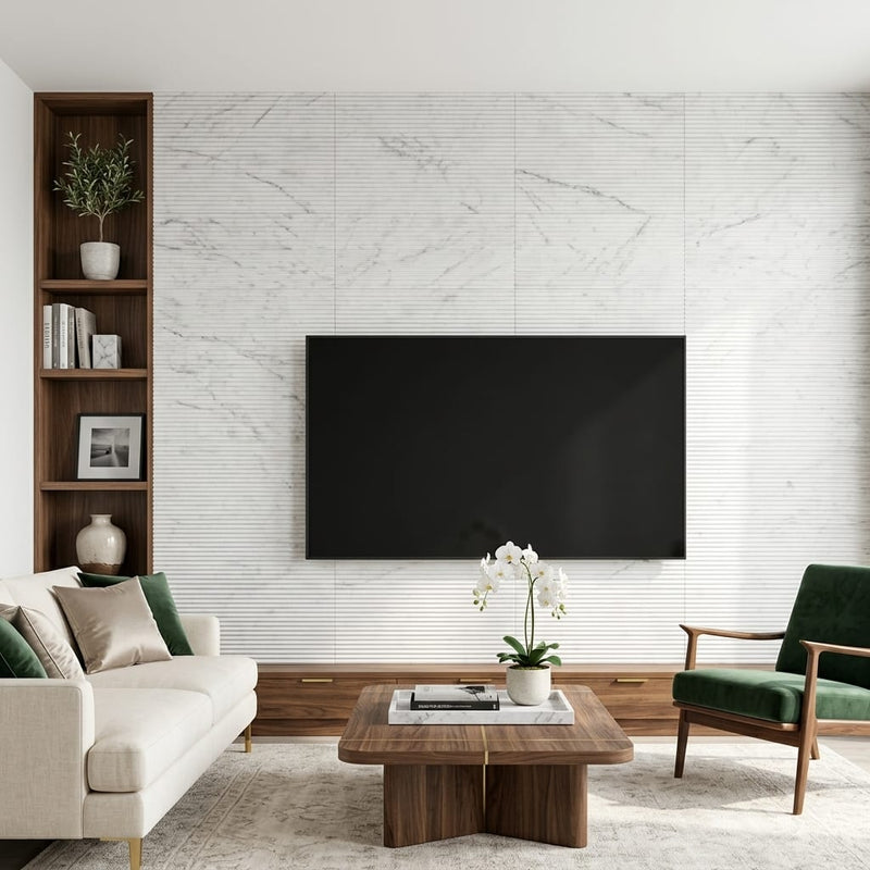 Carrara Bamboo White Marble Tile 12x24 — Living Room feature wall