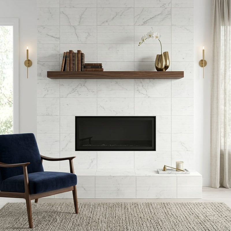 Carrara Bamboo White Marble Tile 12x24 — Living Room fireplace surround