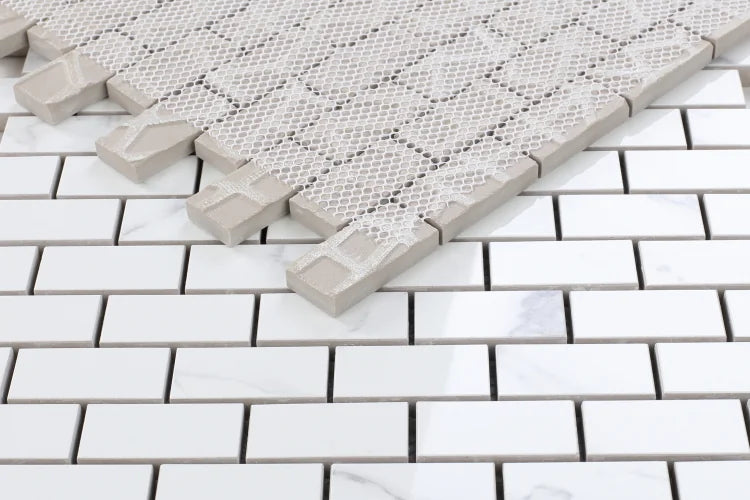 Carrara Premium Brick Pre Polished Marble Look Porcelain Mosaic