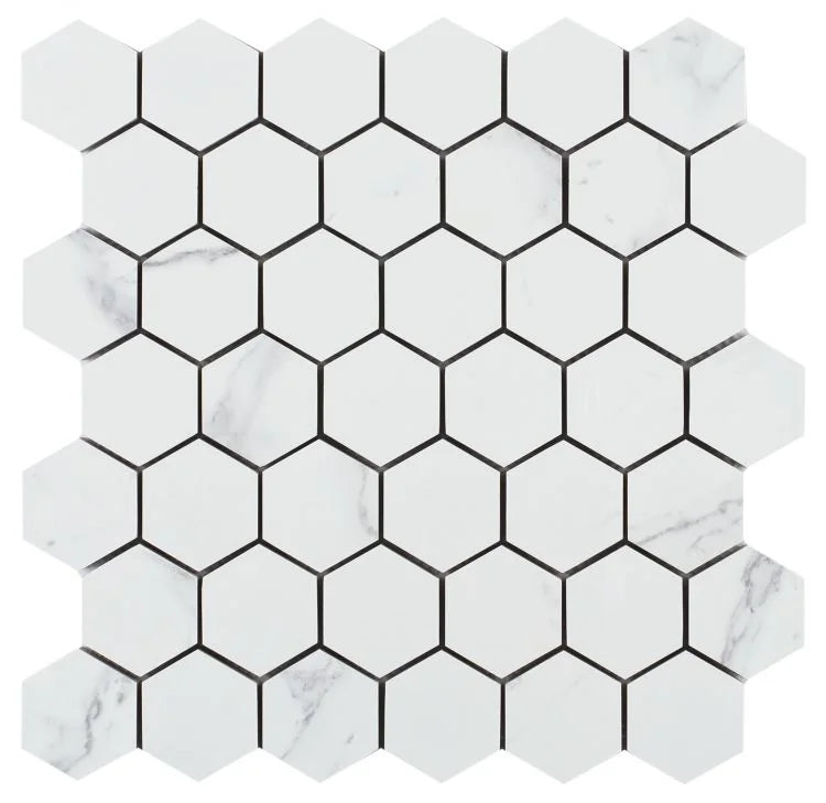 Carrara Premium Hexagon Pre Polished Marble Look Porcelain Mosaic