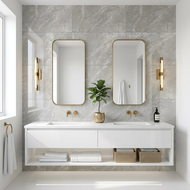 Carrara Select Blu Polished 24x48 Porcelain Tile — Bathroom vanity wall