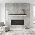 Carrara Select Blu Polished 24x48 Porcelain Tile — Living Room fireplace surround