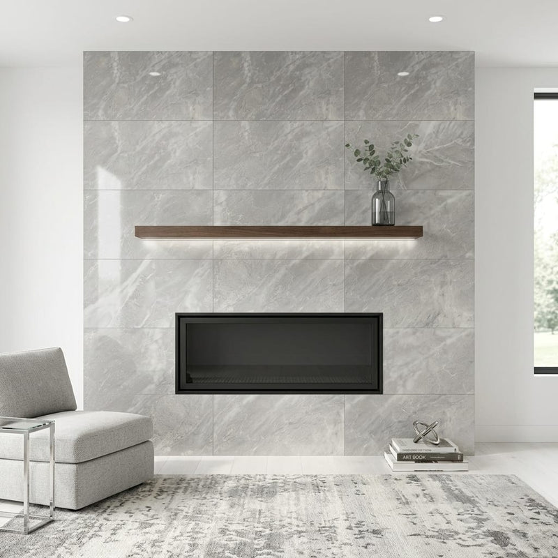 Carrara Select Blu Polished 24x48 Porcelain Tile — Living Room fireplace surround