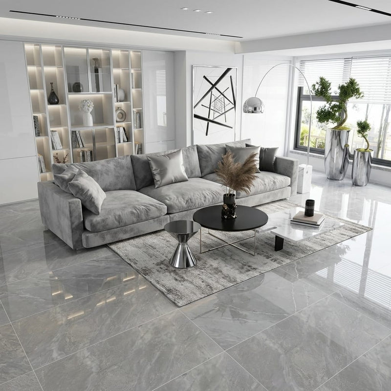 Carrara Select Blu Polished 24x48 Porcelain Tile — Living Room floor