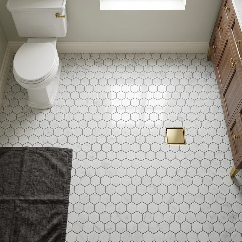 Carrara Whie 1x1 Polished Marble Hexagon Mosaic — Bathroom floor