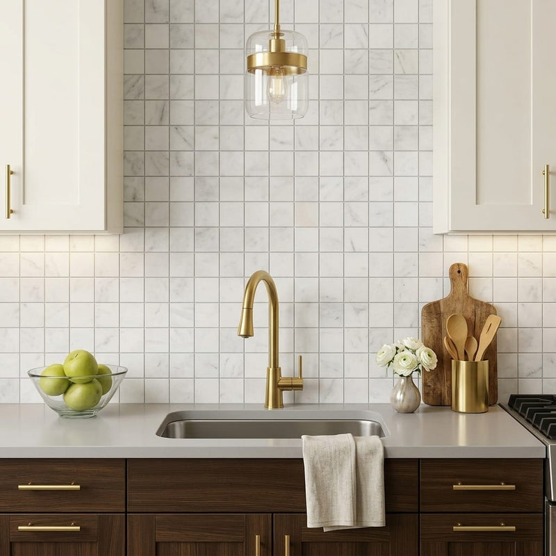 Carrara Whie 2x2 Honed Marble Square Mosaic — Kitchen backsplash