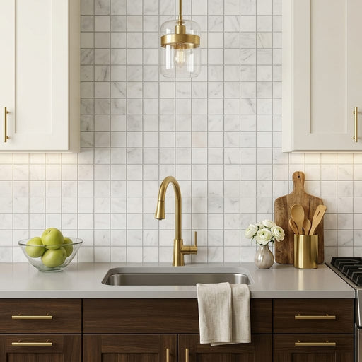 Carrara Whie 2x2 Honed Marble Square Mosaic — Kitchen backsplash