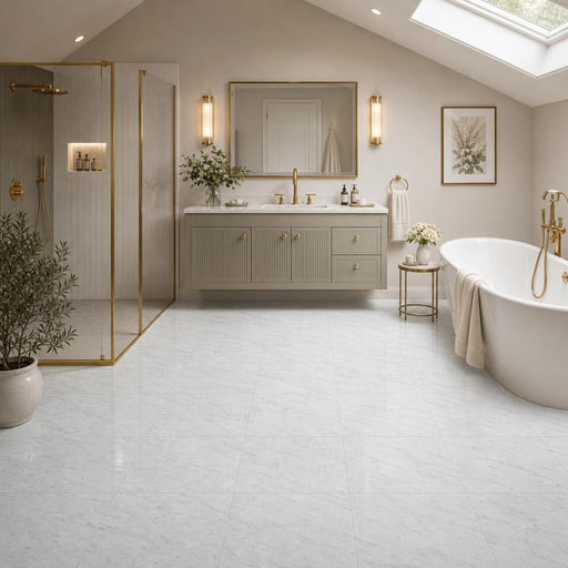 Carrara White 12x12 Honed Veined Marble Tile — Bathroom floor