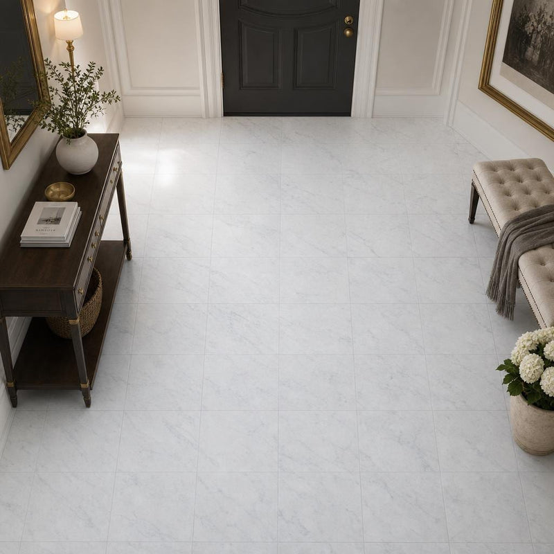 Carrara White 12x12 Honed Veined Marble Tile — Hallway floor