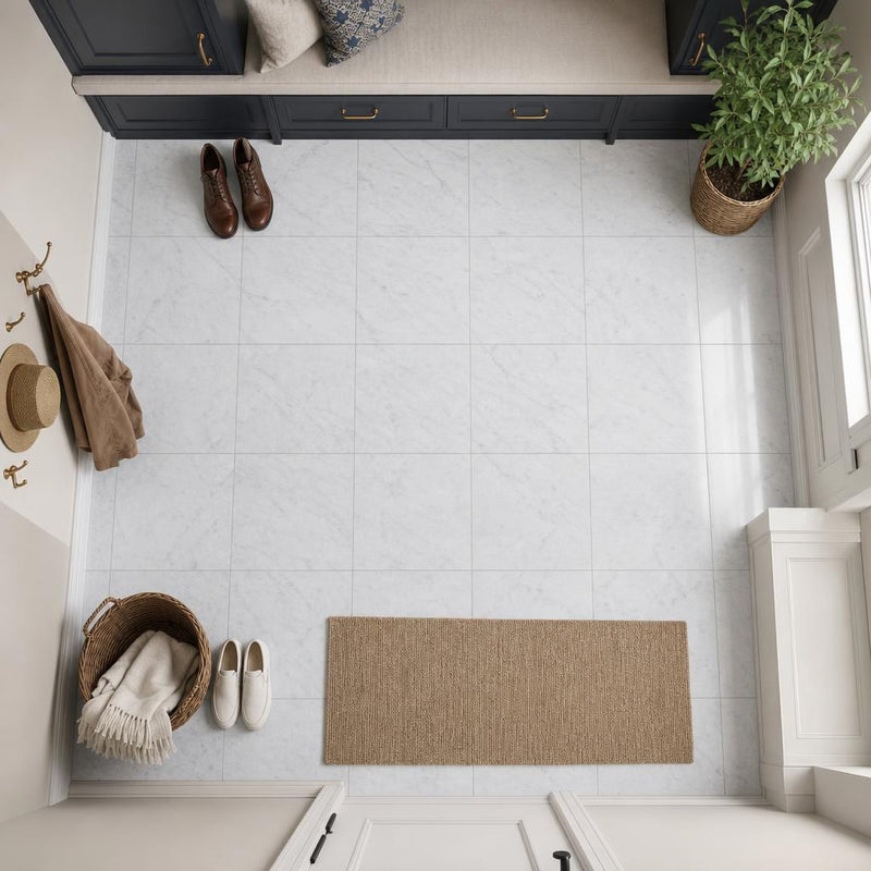 Carrara White 12x12 Honed Veined Marble Tile — Mudroom floor