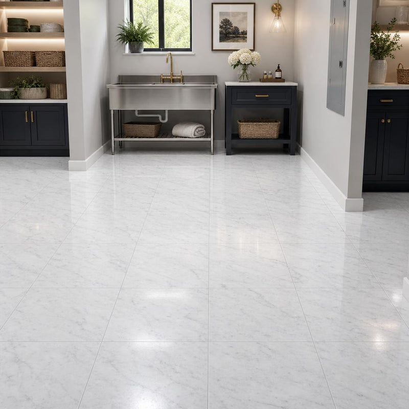 Carrara White 12x12 Polished Veined Marble Tile — Basement floor