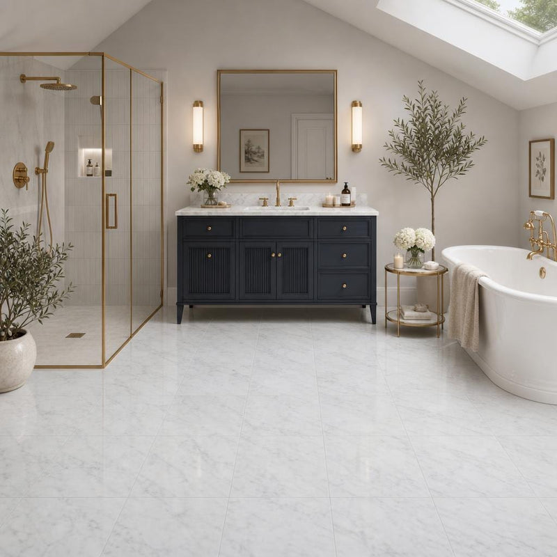 Carrara White 12x12 Polished Veined Marble Tile — Bathroom floor
