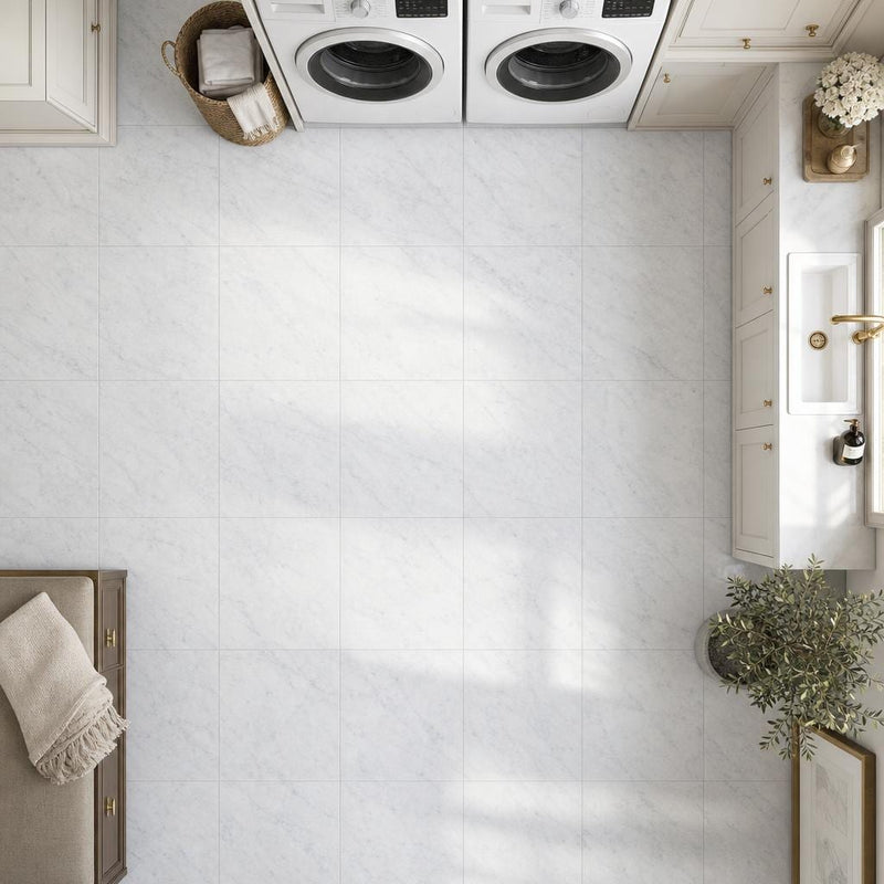 Carrara White 12x12 Polished Veined Marble Tile — Laundry Room floor