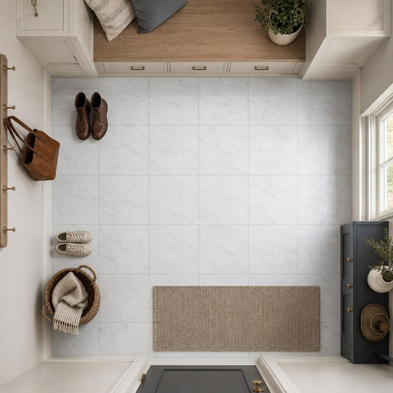Carrara White 12x12 Polished Veined Marble Tile — Mudroom floor