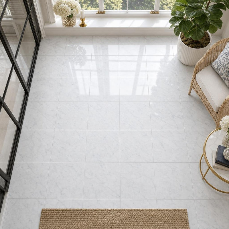 Carrara White 12x12 Polished Veined Marble Tile — Sunroom floor