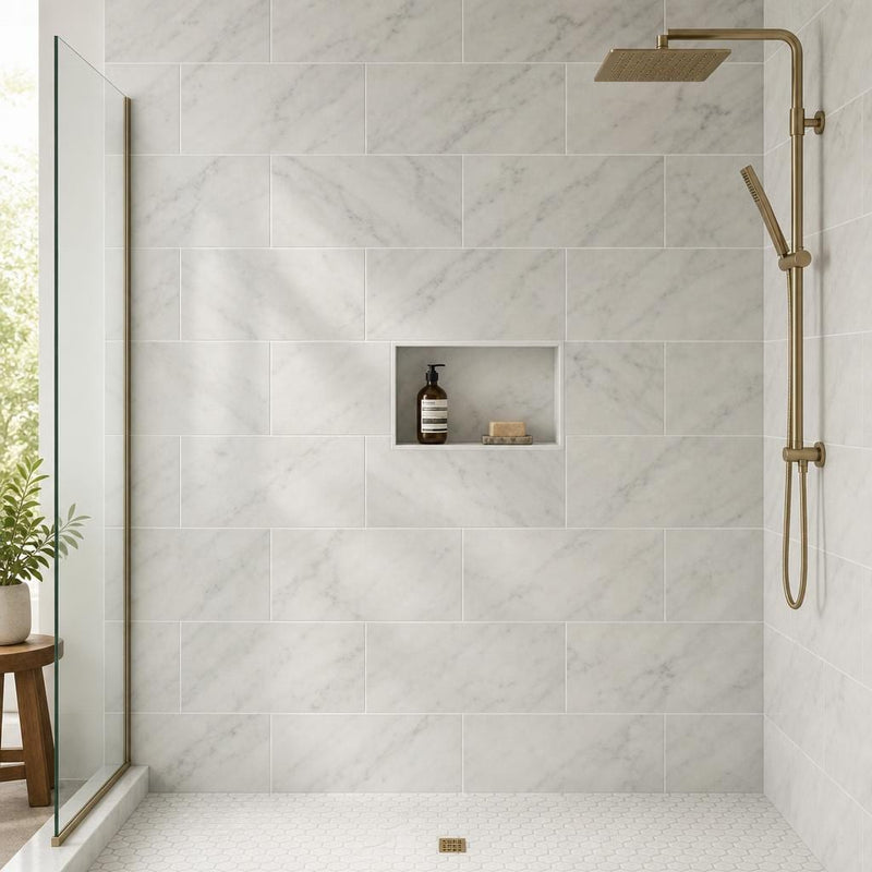 Carrara White 12x24 Honed Marble Tile — Bathroom shower wall