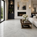 Carrara White 12x24 Honed Marble Tile — Living Room floor