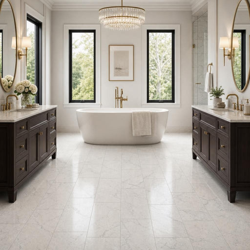 Carrara White 12x24 Polished Marble Tile — Bathroom floor