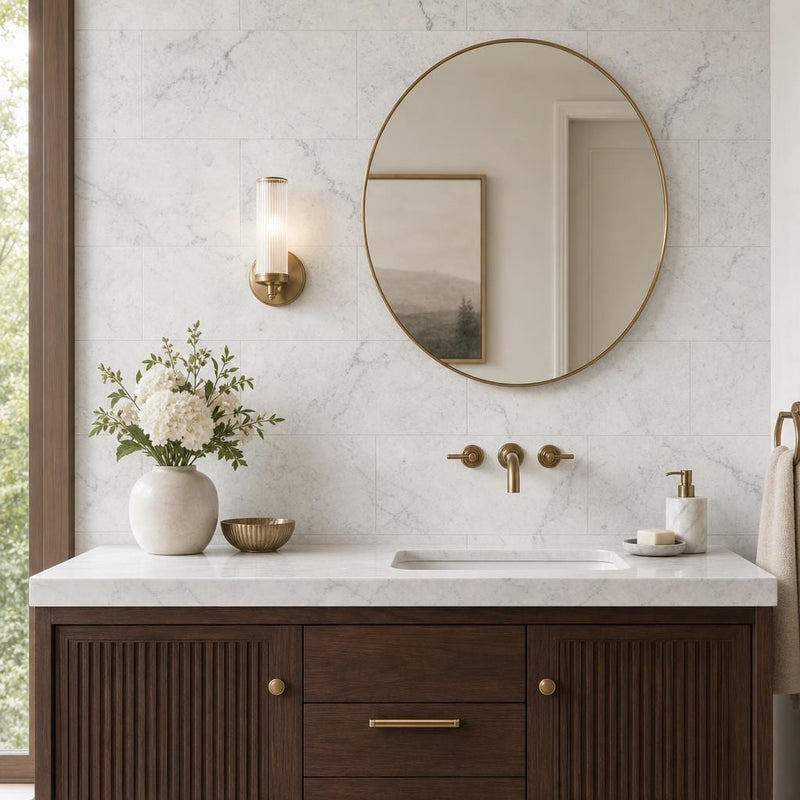 Carrara White 12x24 Polished Marble Tile — Bathroom vanity wall