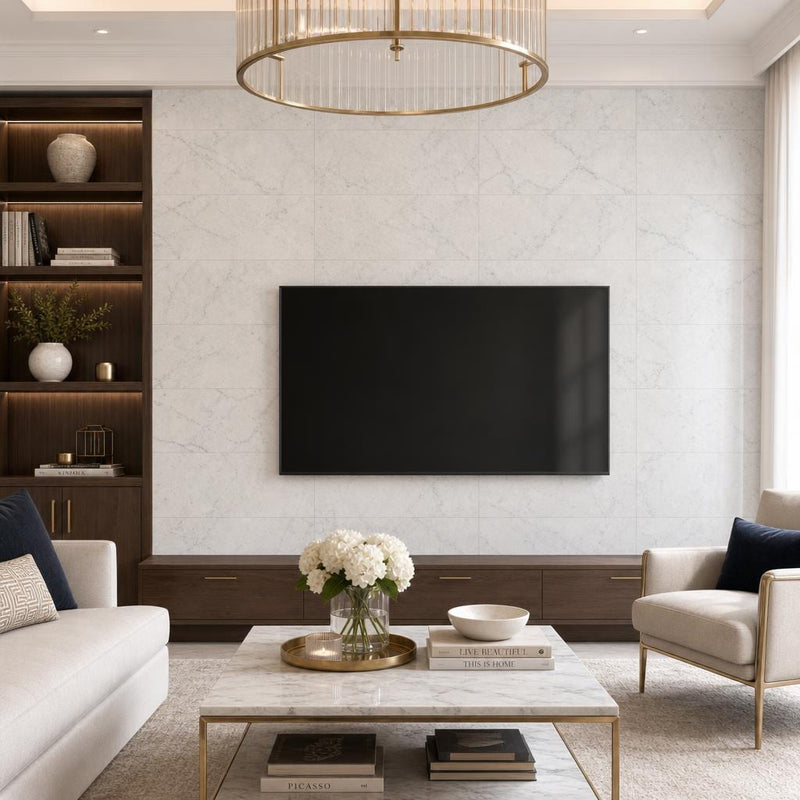 Carrara White 12x24 Polished Marble Tile — Living Room feature wall