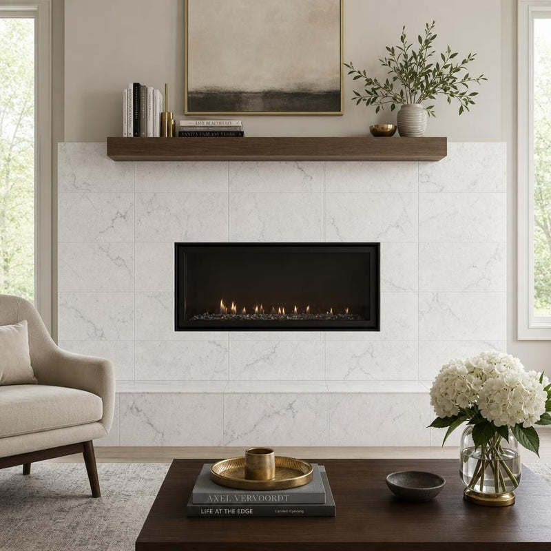 Carrara White 12x24 Polished Marble Tile — Living Room fireplace surround