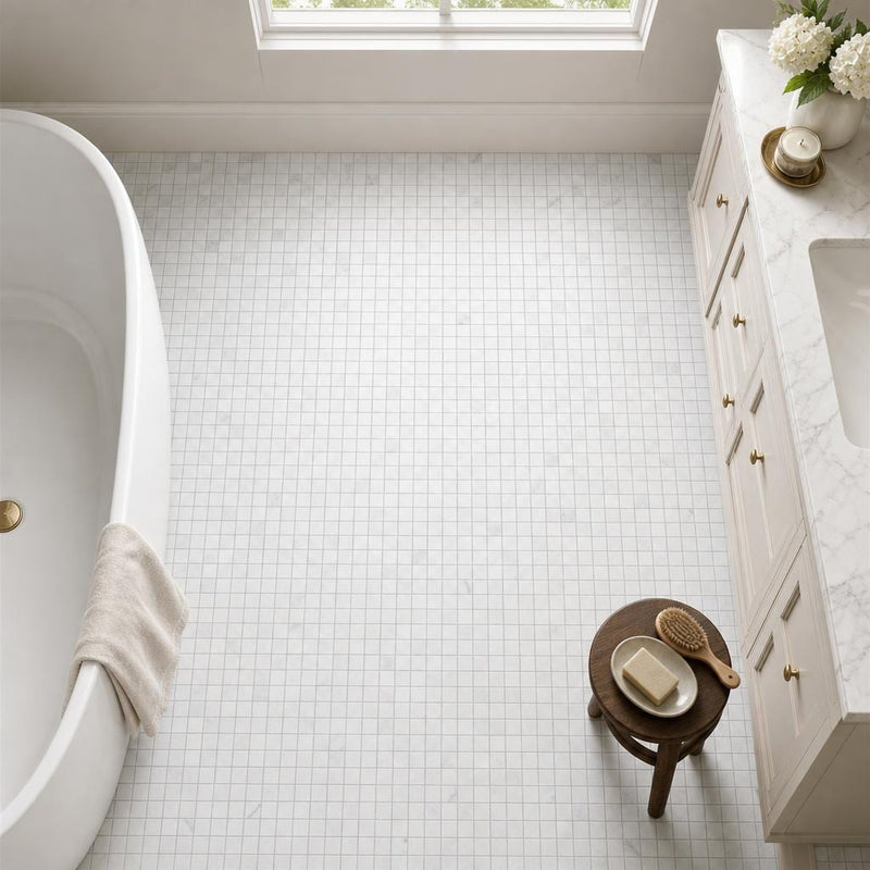Carrara White 1x1 Honed Veined Marble Mosaic — Bathroom floor