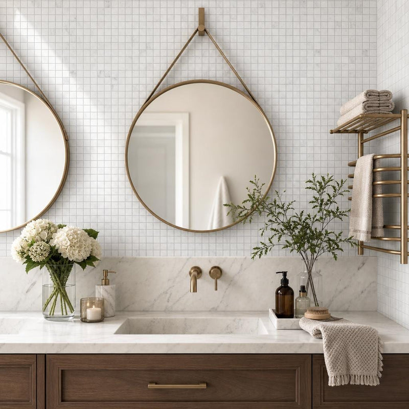 Carrara White 1x1 Honed Veined Marble Mosaic — Bathroom shower wall