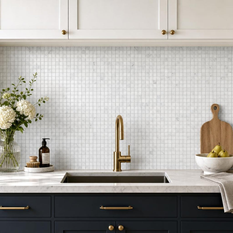 Carrara White 1x1 Honed Veined Marble Mosaic — Kitchen backsplash
