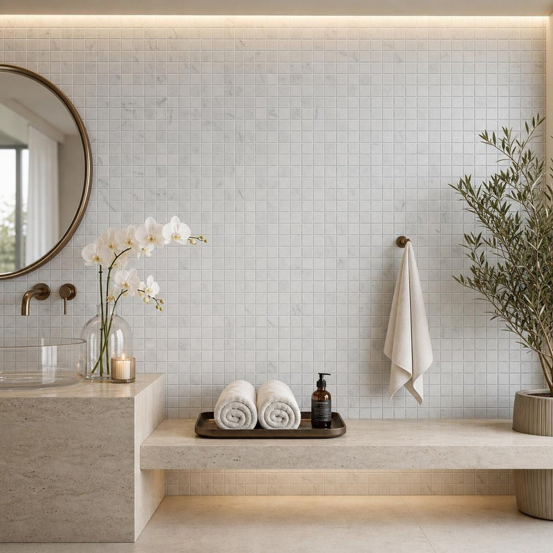 Carrara White 1x1 Honed Veined Marble Mosaic — Spa spa interior