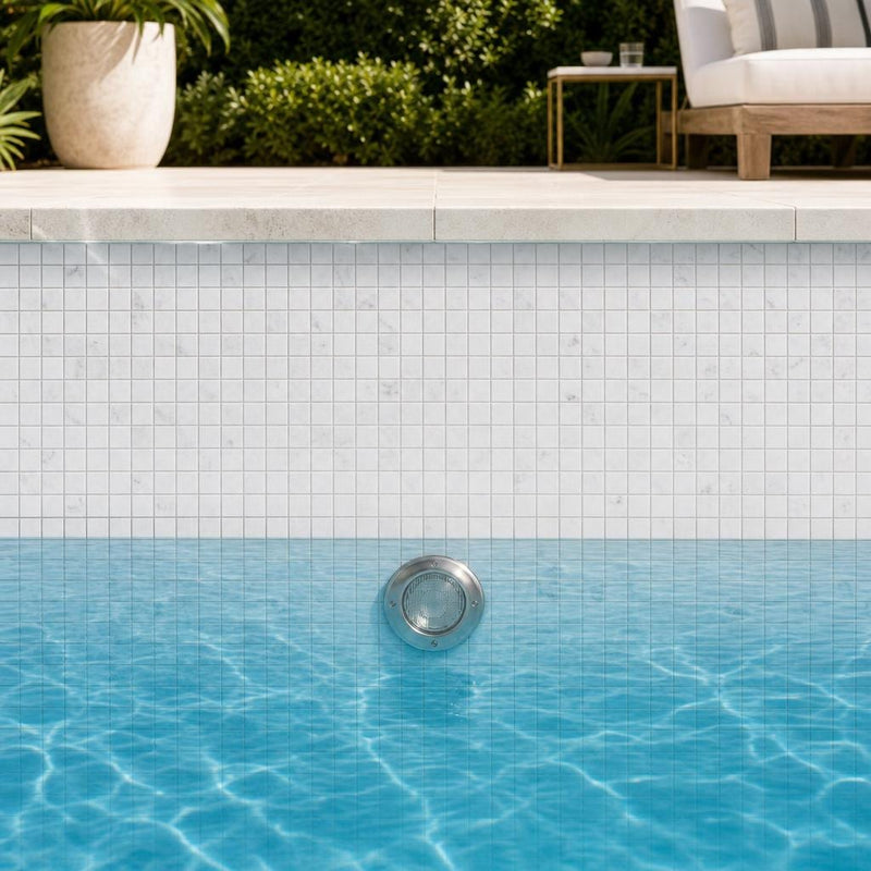 Carrara White 1x1 Honed Veined Marble Mosaic — Swimming Pool pool interior tiling