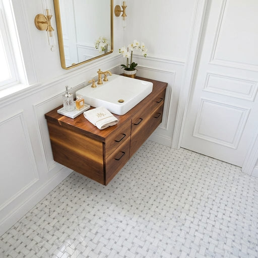 Carrara White 1x2 Basketweave W/ Gray Dots Polished Marble Mosaic — Bathroom floor