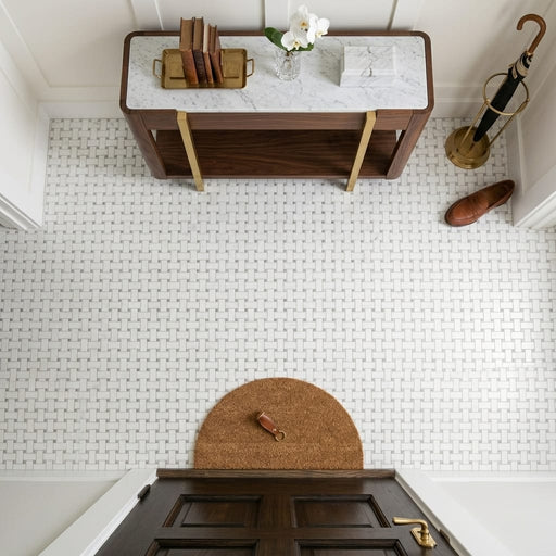 Carrara White 1x2 Basketweave W/ Gray Dots Polished Marble Mosaic — Foyer floor