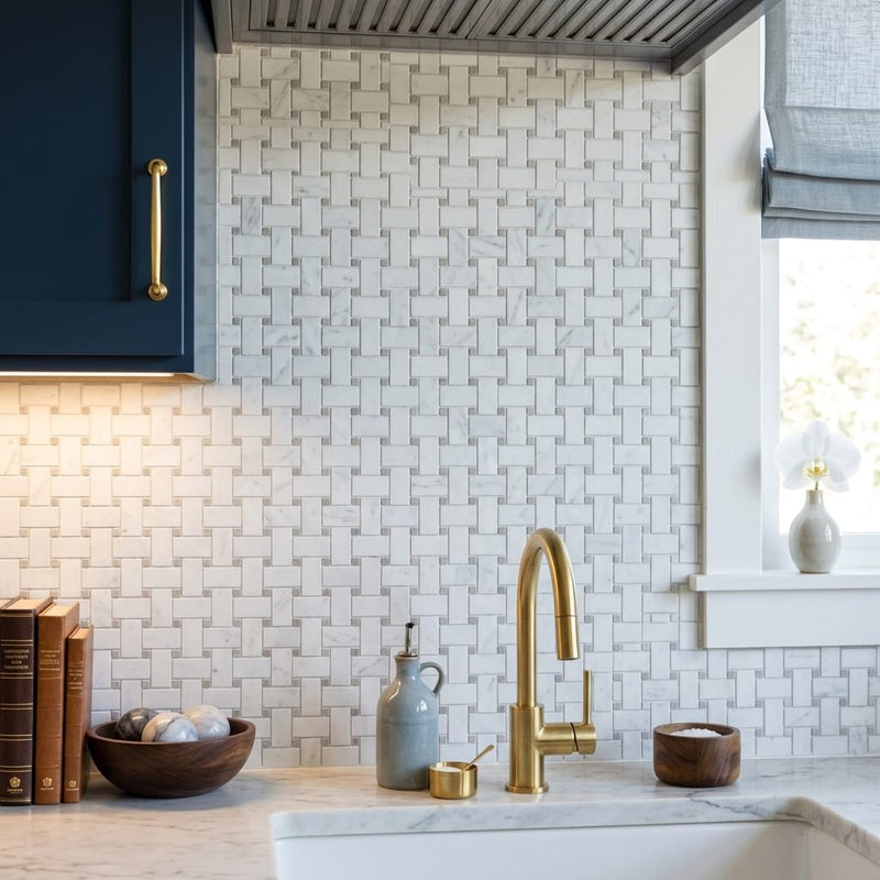 Carrara White 1x2 Basketweave W/ Gray Dots Polished Marble Mosaic — Kitchen backsplash