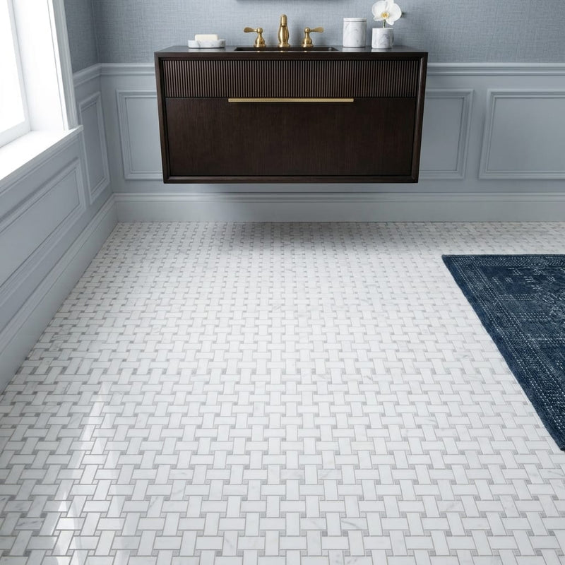 Carrara White 1x2 Basketweave W/ Gray Dots Polished Marble Mosaic — Powder Room floor