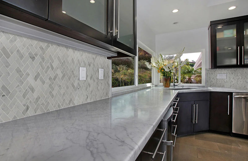 Carrara White 1x2 Herringbone Honed Marble Mosaic Tile