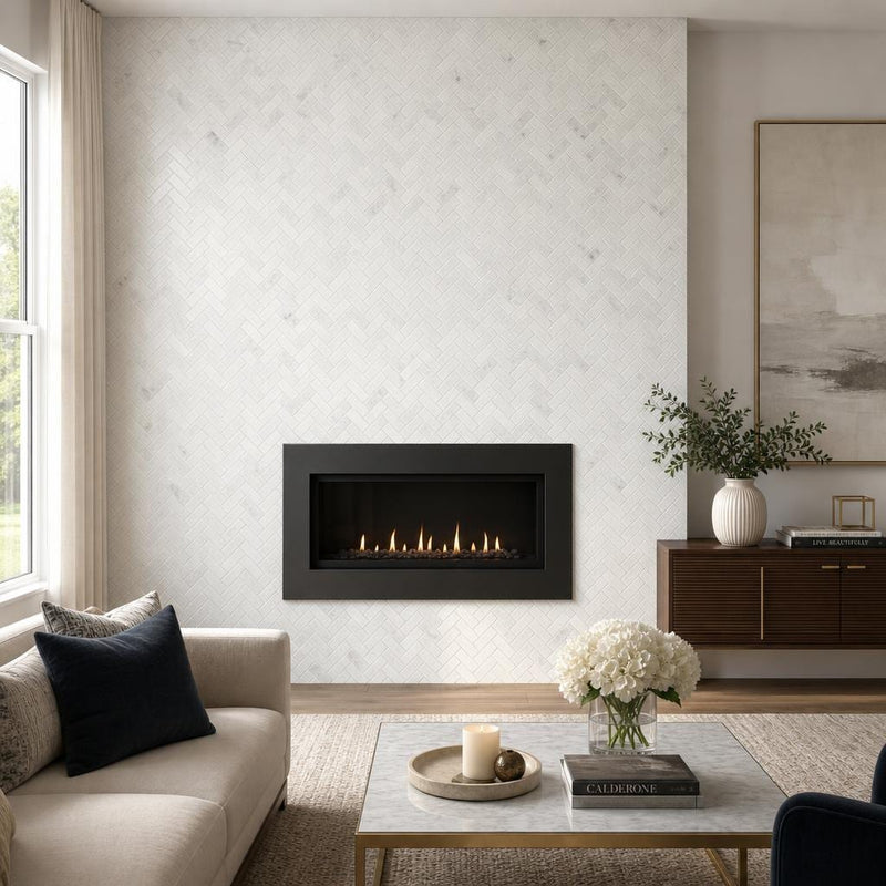 Carrara White 1x2 Herringbone Honed Marble Mosaic Tile — Living Room accent wall