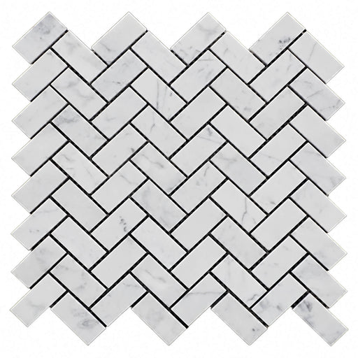 Carrara White 1x2 polished marble mosaic sheet with soft gray veining and a herringbone pattern on a white background.