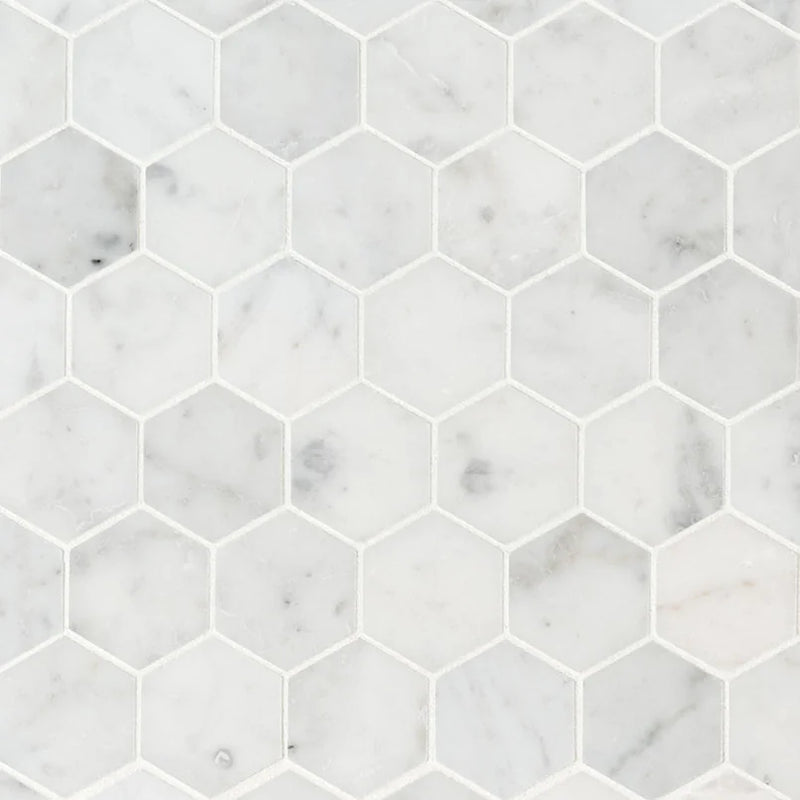 Carrara White 2" Hexagon Honed Pattern Marble Mosaic Tile