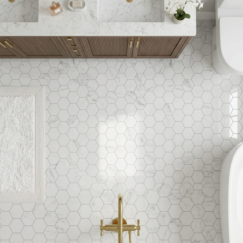 Carrara White 2x2 Hexagon Polished Marble Mosaic — Bathroom floor