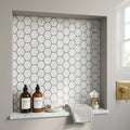 Carrara White 2x2 Hexagon Polished Marble Mosaic — Bathroom niche