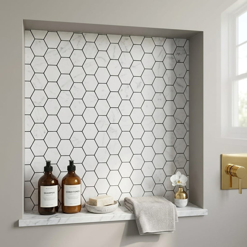 Carrara White 2x2 Hexagon Polished Marble Mosaic — Bathroom niche
