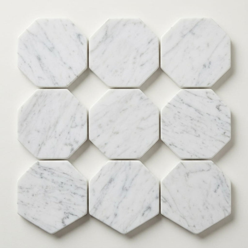 Carrara White 2x2 Hexagon Polished Marble Mosaic close-up