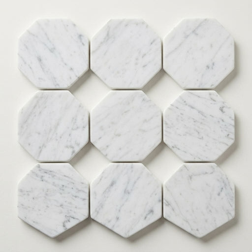Carrara White 2x2 Hexagon Polished Marble Mosaic close-up