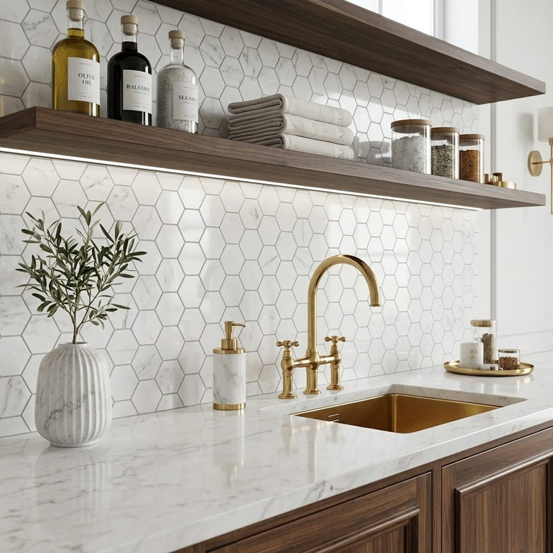 Carrara White 2x2 Hexagon Polished Marble Mosaic — Kitchen backsplash