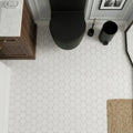 Carrara White 2x2 Hexagon Polished Marble Mosaic — Powder Room floor