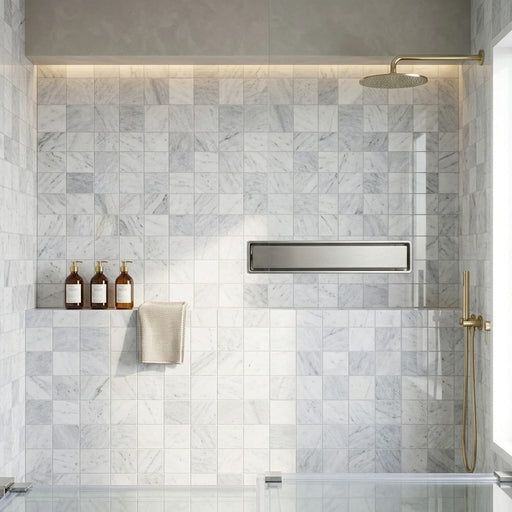 Carrara White 2x2 Square Polished Marble Mosaic — Bathroom shower floor