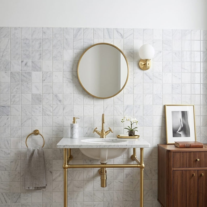 Carrara White 2x2 Square Polished Marble Mosaic — Powder Room wall