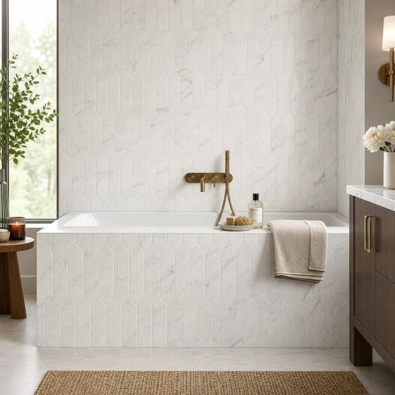 Carrara White 3x12 Picket Honed Marble Tile 4x12 — Bathroom tub surround