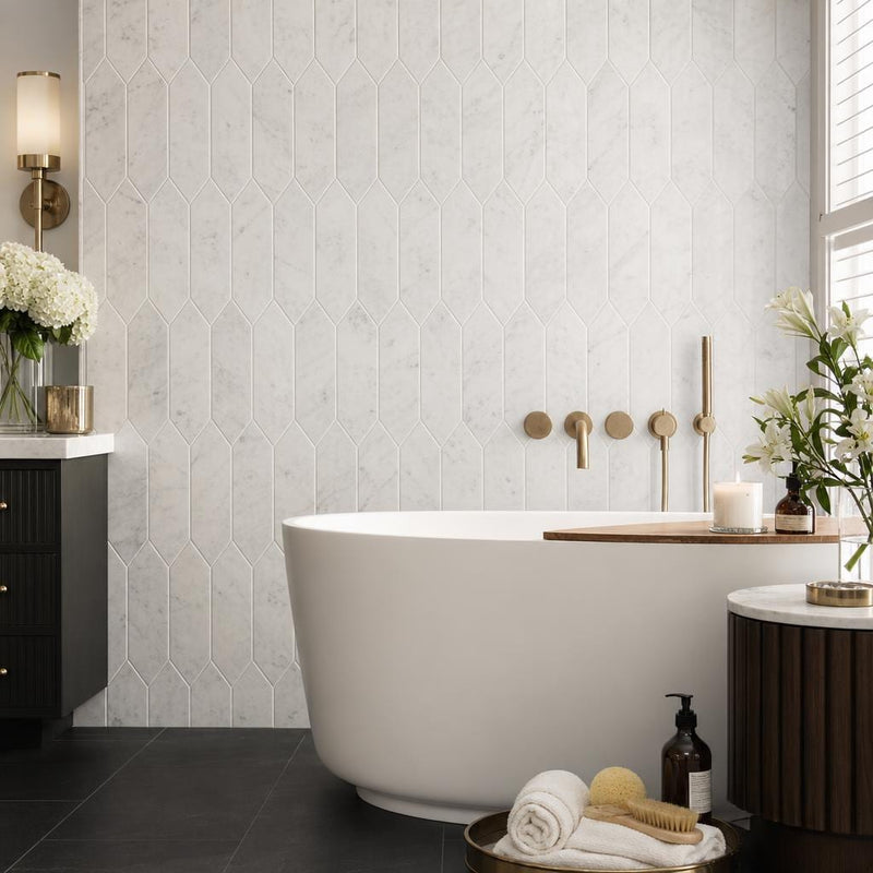 Carrara White 3x12 Picket Honed Marble Tile 4x12 — Bathroom wall
